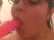 Choking on a Big Pink Dildo