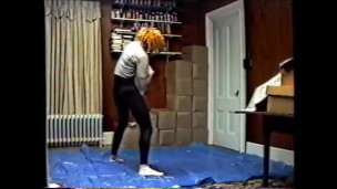 black tights & mask with crop top humping air pillow 1990's VHS quality