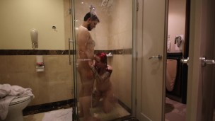 Steamy Shower Sex and Swallow with Redhead in European Hotel Room