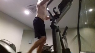 Teen after a workout in the gym and pool, jerking off his cock in a public sauna