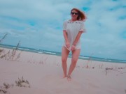 Risky Public Beach Pussy Flashing & Blowjob Cumshot | Redhead White Dress 5/16