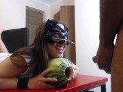 Blowjob and melon fucking. 1 guy 1 girl and a melon. 2/16