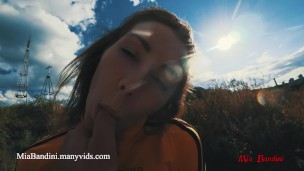 Public blowjob and cumshot on mouth with petite Mia Bandini