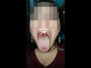 Girl huge mouth and long tongue spit 3/16