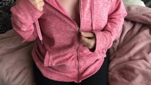 Milf Slowly Unzips Hoody To Show Big Tits and Nipples