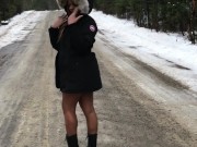 Flashing & peeing naked in the snow on the side of the road.