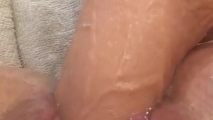 Pussy stuffed with huge dildo!