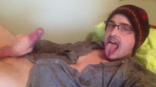 Guy Sticks His Long Tongue Out Before Cumming On His Face & Glasses!