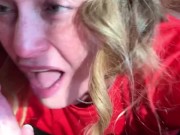 Hotwife sucks cock, licks balls, takes cum in mouth, then licks clean 7/16