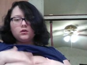 Busty brunette plays with boobs before shower