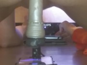 Rideing my mounted dildo on the table cum watch!!