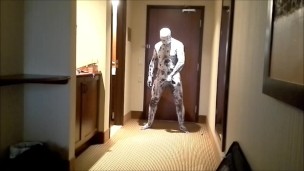arachnaphobia zentai cums into black condom