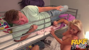 Fake Hostel Bouncy big tits and MILF have threesome with guy
