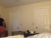 Play with my cucumber until he comes out of the bathroom and fucks me 1/16