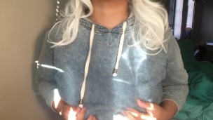 chubby college girl bounces saggy tits and massages with lotion