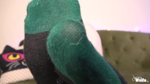 Red head gives jerk off encouragement over feet