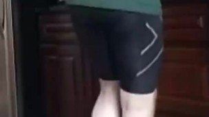 Holding on in spandex shorts