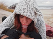 Ginger Redhead Amateur Public Cold Winter Beach Blowjob CIM & Cum Swallow 11/16
