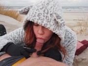 Ginger Redhead Amateur Public Cold Winter Beach Blowjob CIM & Cum Swallow 13/16