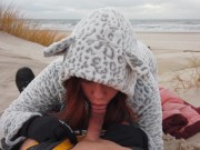 Ginger Redhead Amateur Public Cold Winter Beach Blowjob CIM & Cum Swallow 6/16