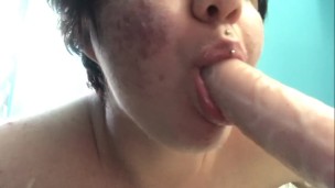 [FTM] sucks and drools all over realistic dildo with tears and gagging POV