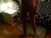 Submissive Bitch in fishnet slap her ass and cum
