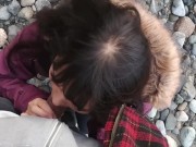 Asian teen gives blowjob and flashes on public beach 12/16