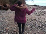 Asian teen gives blowjob and flashes on public beach 2/16