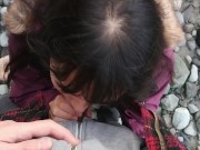 Asian teen gives blowjob and flashes on public beach 7/16