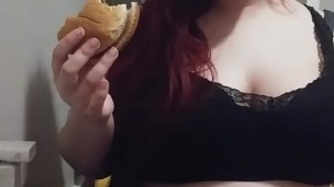 Sexy bbw eating with her big soft belly showing