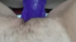 Amatuer hairy pussy fucks dildo in mirror