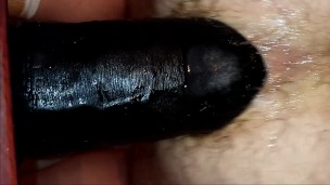 Watch me fuck my hairy ass doggie style with the 3 inch thick monster dildo