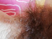 Playing with my thick hairy bush big clit pussy close up
