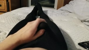 Femboy jerking off and cumming through leggings