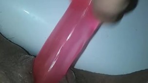 Sexy Bitch Masturbates with Thin Pink Dildo