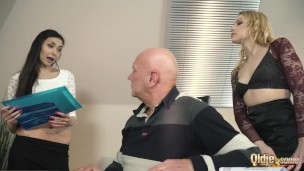Old manager at the office fucks his two beautiful assistants tight pussy