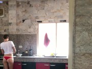 Naughty girl caught neighbor, suck him dry and share cum with him