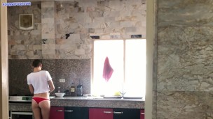 Naughty girl caught neighbor, suck him dry and share cum with him