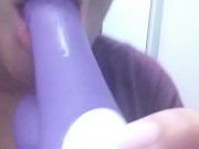 Ebony milf Deep throating toy with pussy juices on it