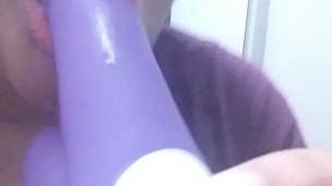 Ebony milf Deep throating toy with pussy juices on it