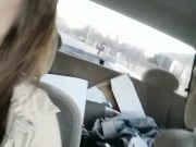 Blue eyed blonde driving truck & smoking reveals perfect teen tits