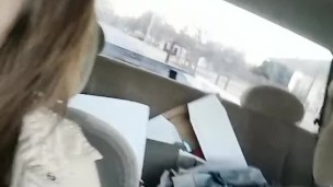 Blue eyed blonde driving truck & smoking reveals perfect teen tits