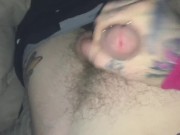 Close up cumshot from big hairy tattooed pierced dick