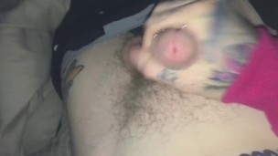 Close up cumshot from big hairy tattooed pierced dick