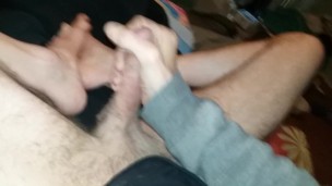 Big dick cums on big feet. Creamy cum. Athletic guy