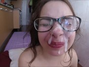 shy teen first facial , cumshot on glasses & feet fetish