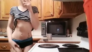 Sexy small babe boyshorts smoking cigarette w coffee kitchen counter tease