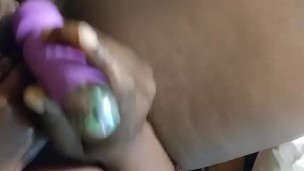 Ebony makes herself cum HARD while taking two toys!!