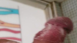 Big Mexican dick with soap. Masturbating during shower