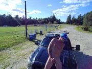 Playing with cock on truck hood